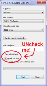 Windows disk format dialog box